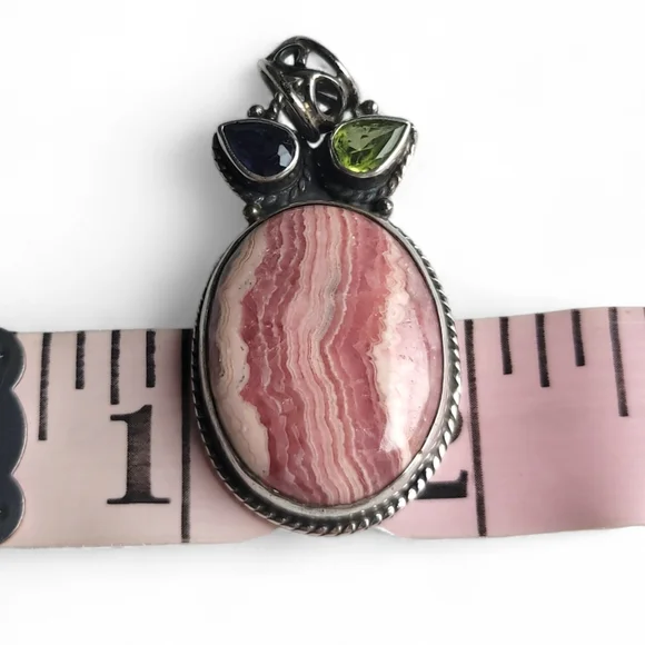 Sterling Silver Rhodochrosite with Amethyst and Peridot Pendant - Picture 6 of 8